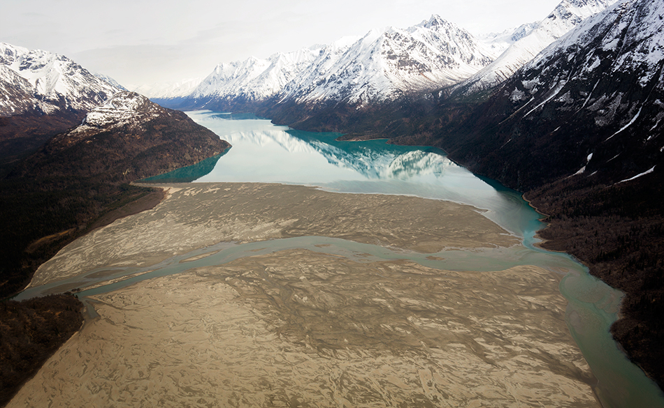 Looking down on the sandy delta of Little Lake Clark from the air during spring