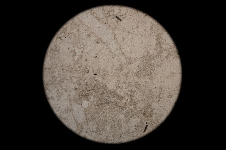 Circular microscopic image of rock structure.