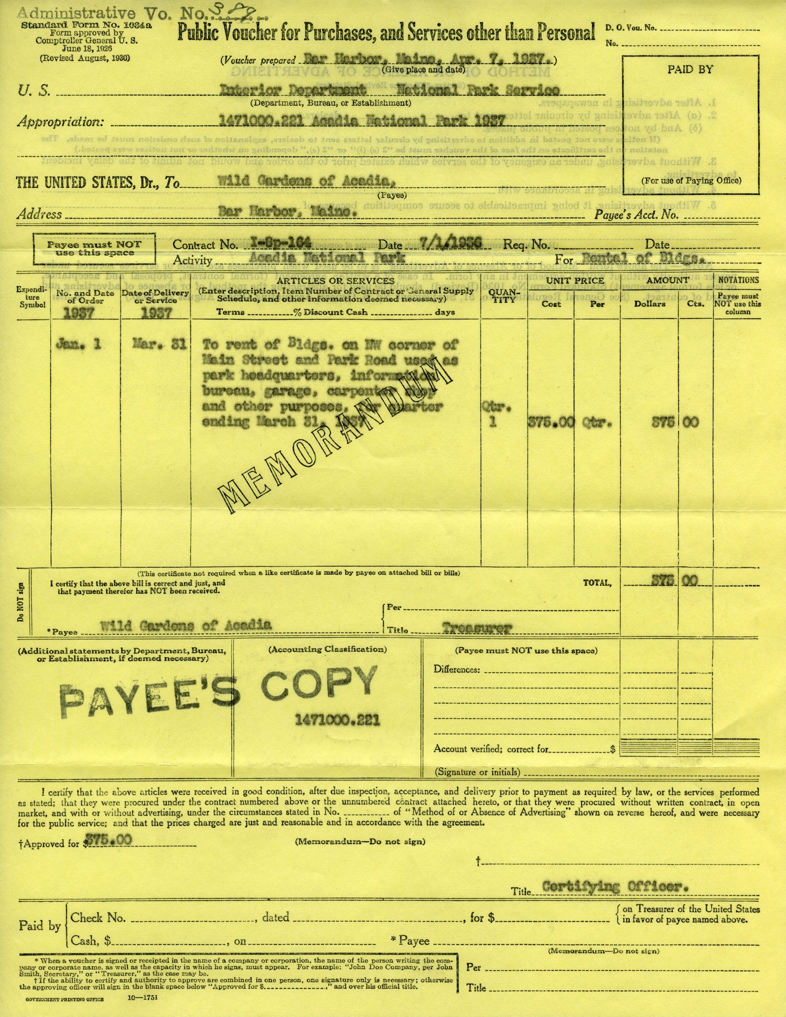 Receipt, NPS to Wild Gardens, March 31, 1937.tif