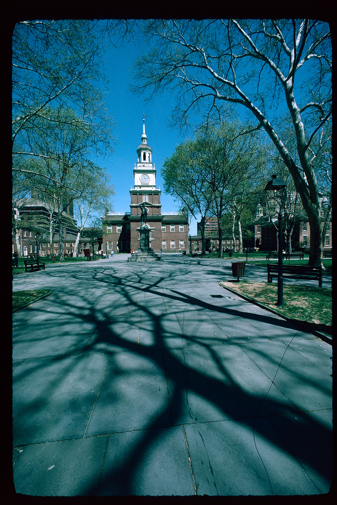 Independence Square. Looking northwest past John Barry statue towards Indpendence Hall exterior. Tower clock, 11:15 AM.