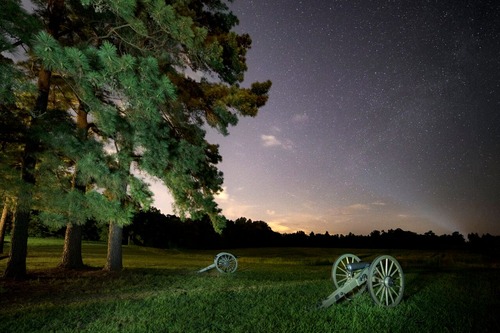 Three pine trees and two Civil War cannons under a starry night sky.