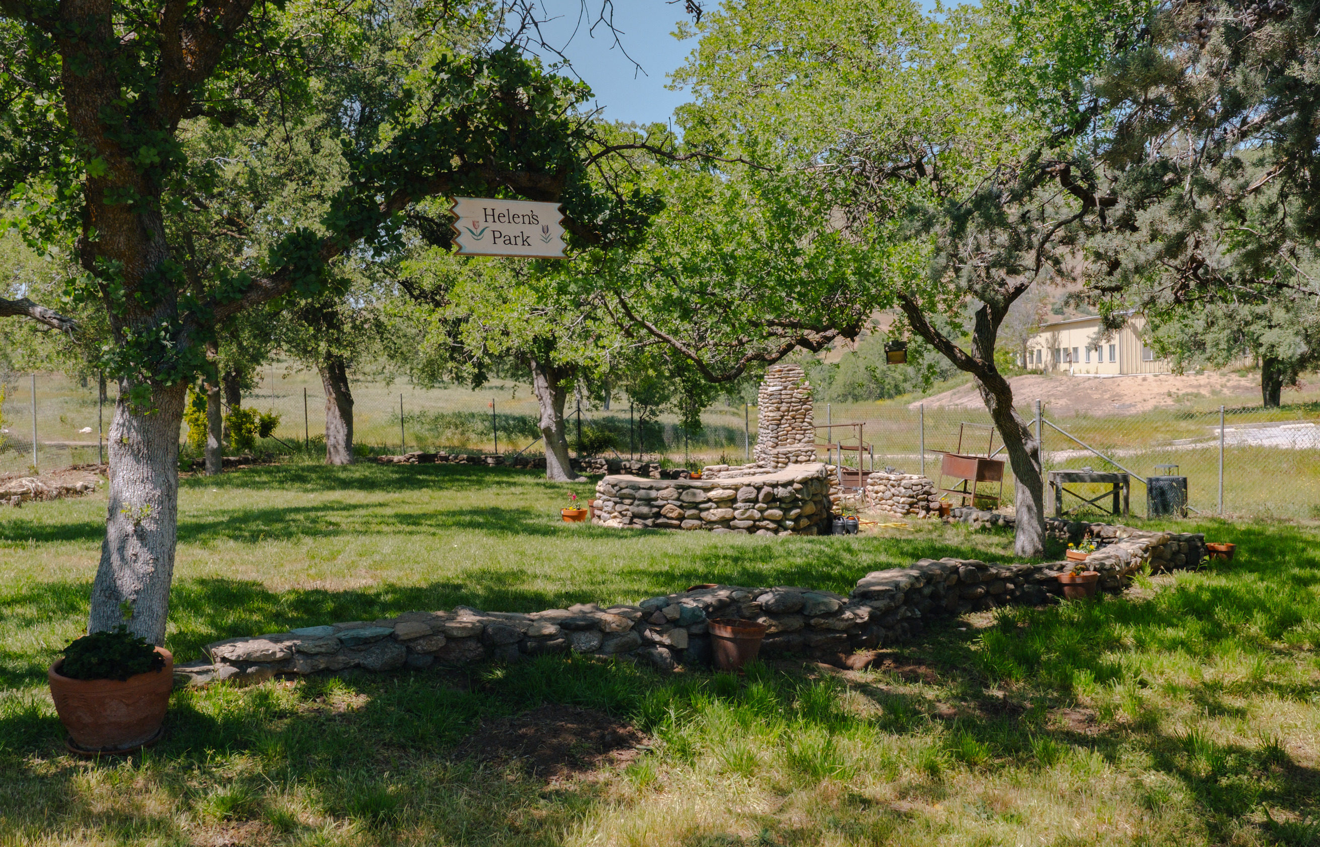 A garden with overhanging tree's and a sign that says Helen's Park.