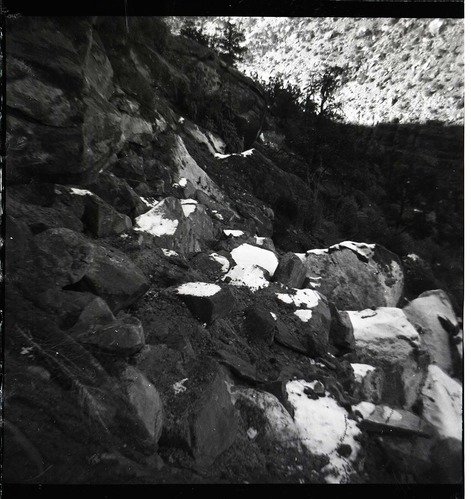 BW photo of rock slide near Echo Rock - 2.5" x 2.5".