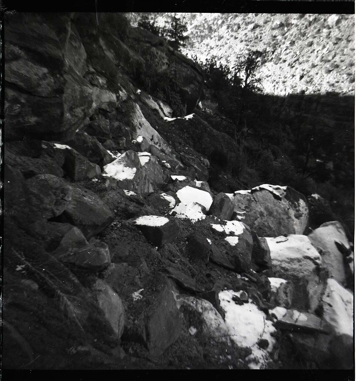 BW photo of rock slide near Echo Rock - 2.5" x 2.5".