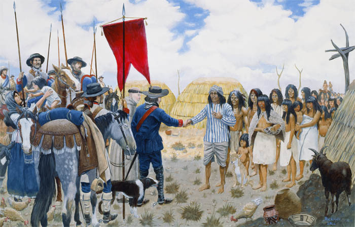 An illustration of the Anza expedition meeting a group of indigenous people at their village with a chicken, goat, dog, and huts