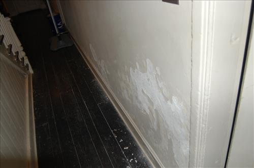 Water infiltration and damage to walls and floor of the Petersen House