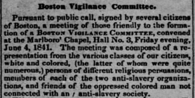 A one paragraph clip of a newspaper article titled "Boston Vigilance Committee."