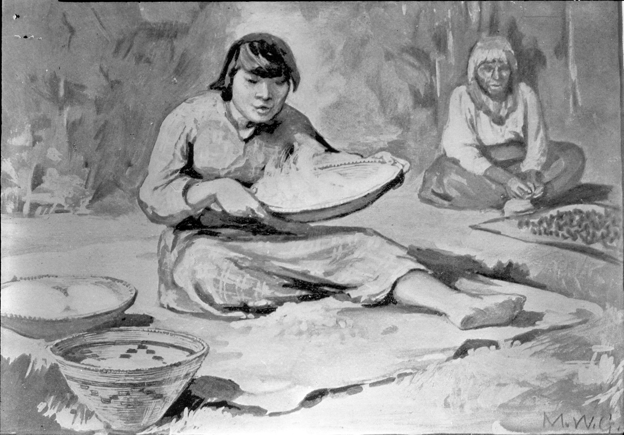 Native American cleaning acorn meal by shaking and blowing. Copied from W.H. Holmes report U.S. National Museum, 1900 plate 14.