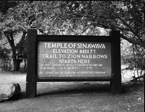 Interpretive sign at Temple of Sinawava, start of Narrows Trail-front side.