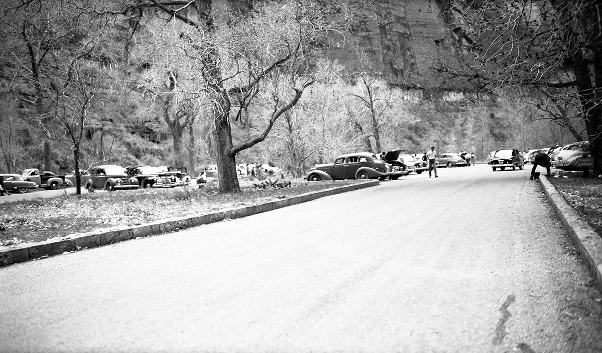 The crowded parking of private vehicles at parking area at Temple of Sinawava. Heavy use area. Trash accumulates quickly here.