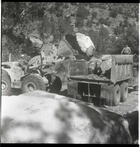 BW photo of rock slide near Echo Rock - 2.5" x 2.5".