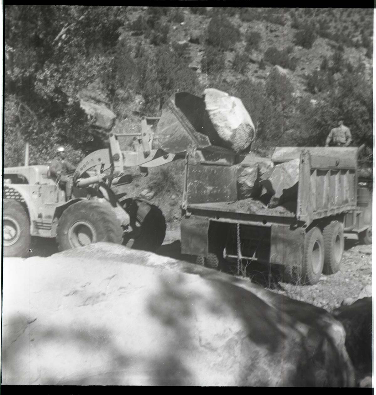 BW photo of rock slide near Echo Rock - 2.5" x 2.5".