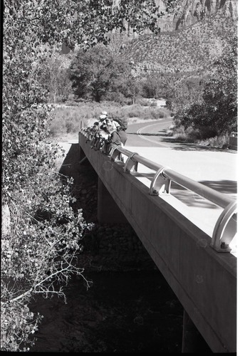 BW Photos of Junior Ranger Activities in Zion. On vehicle bridge near Watchman Housing Area.