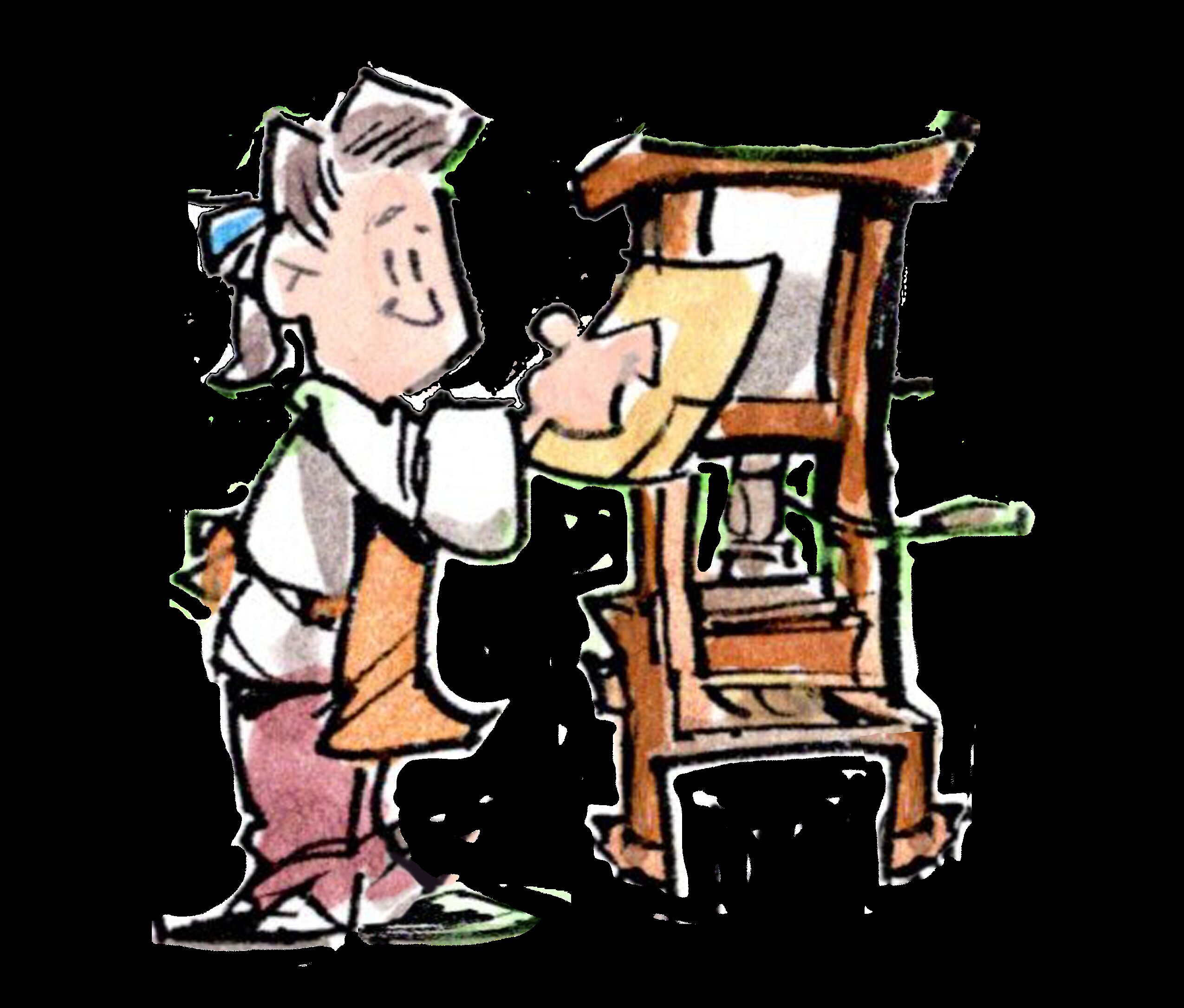 Cartoon illustration of a man standing next to an eighteenth-century printing press. 