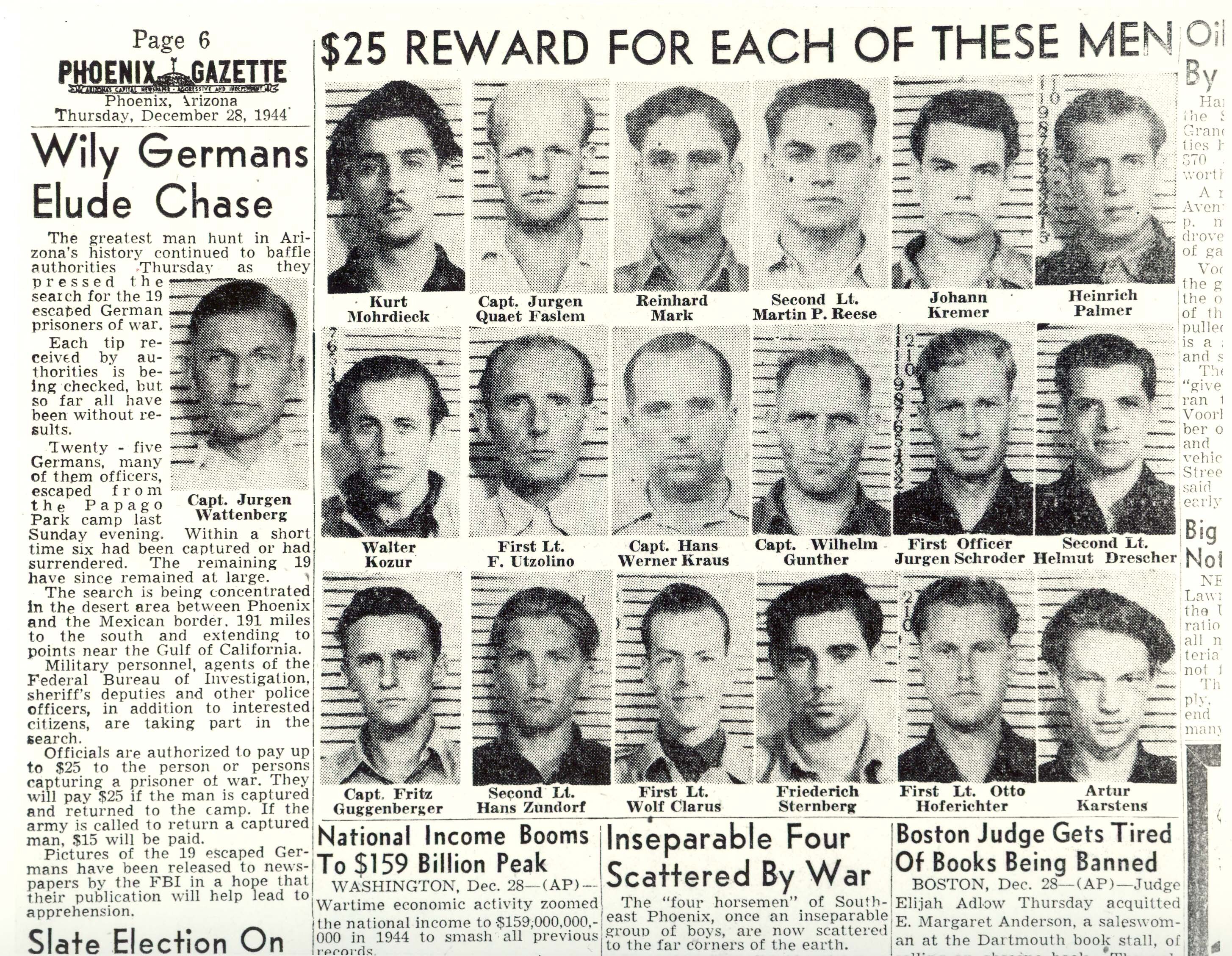 Scan of a newspaper from 1944, published out of Phoenix, Arizona. The left article is titled "Wily Germans Elude Chase," and to the right are 25 photographs of the escaped prisoners with their names. The title above them says "$25 REWARD FOR EACH OF THESE MEN."