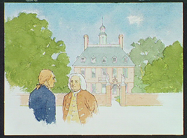 Lieutenant Colonel George Washington meeting Governor Robert Dinwiddie in Williamsburg.
