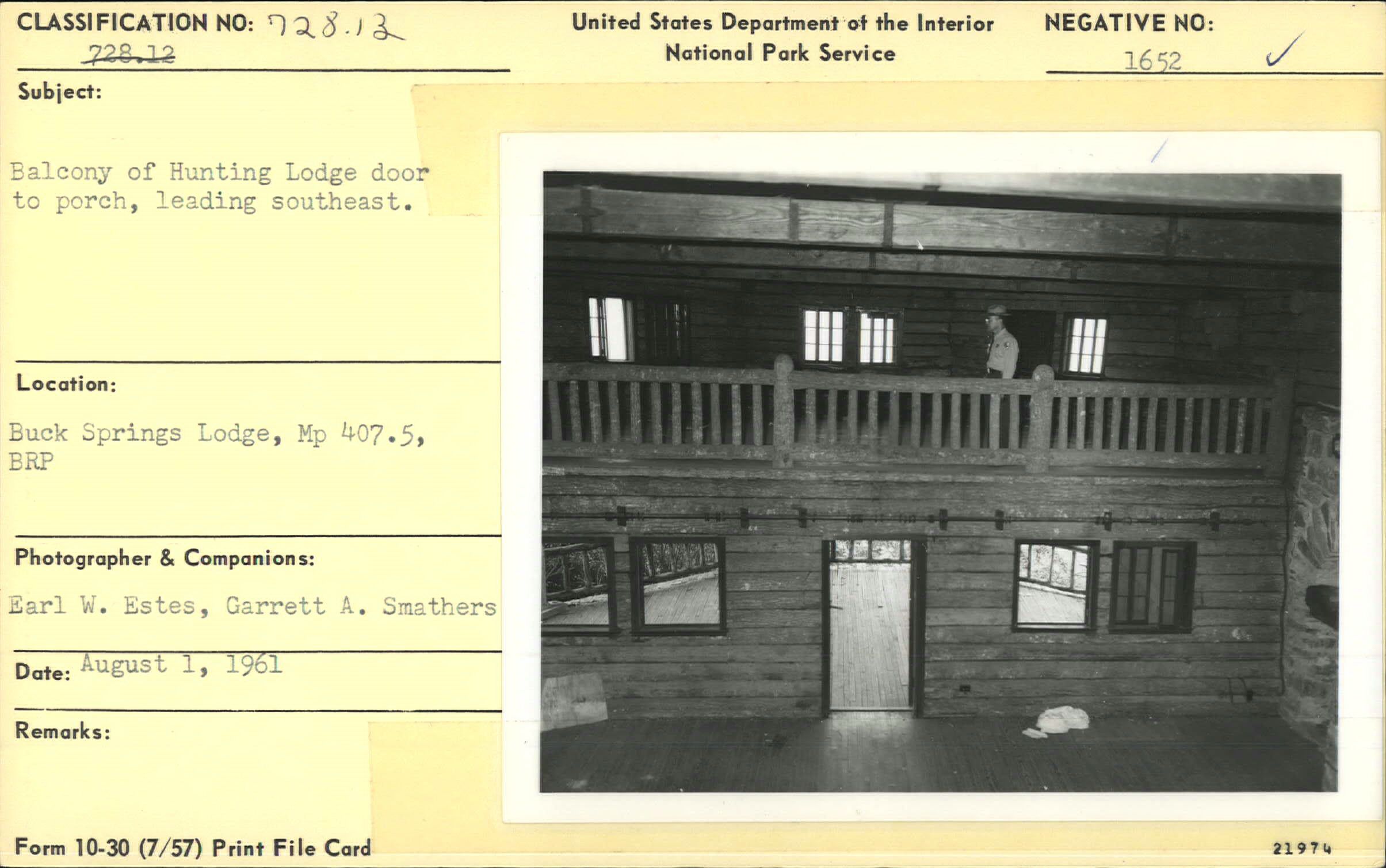 Balcony of Hunting Lodge door to porch, leading southeast