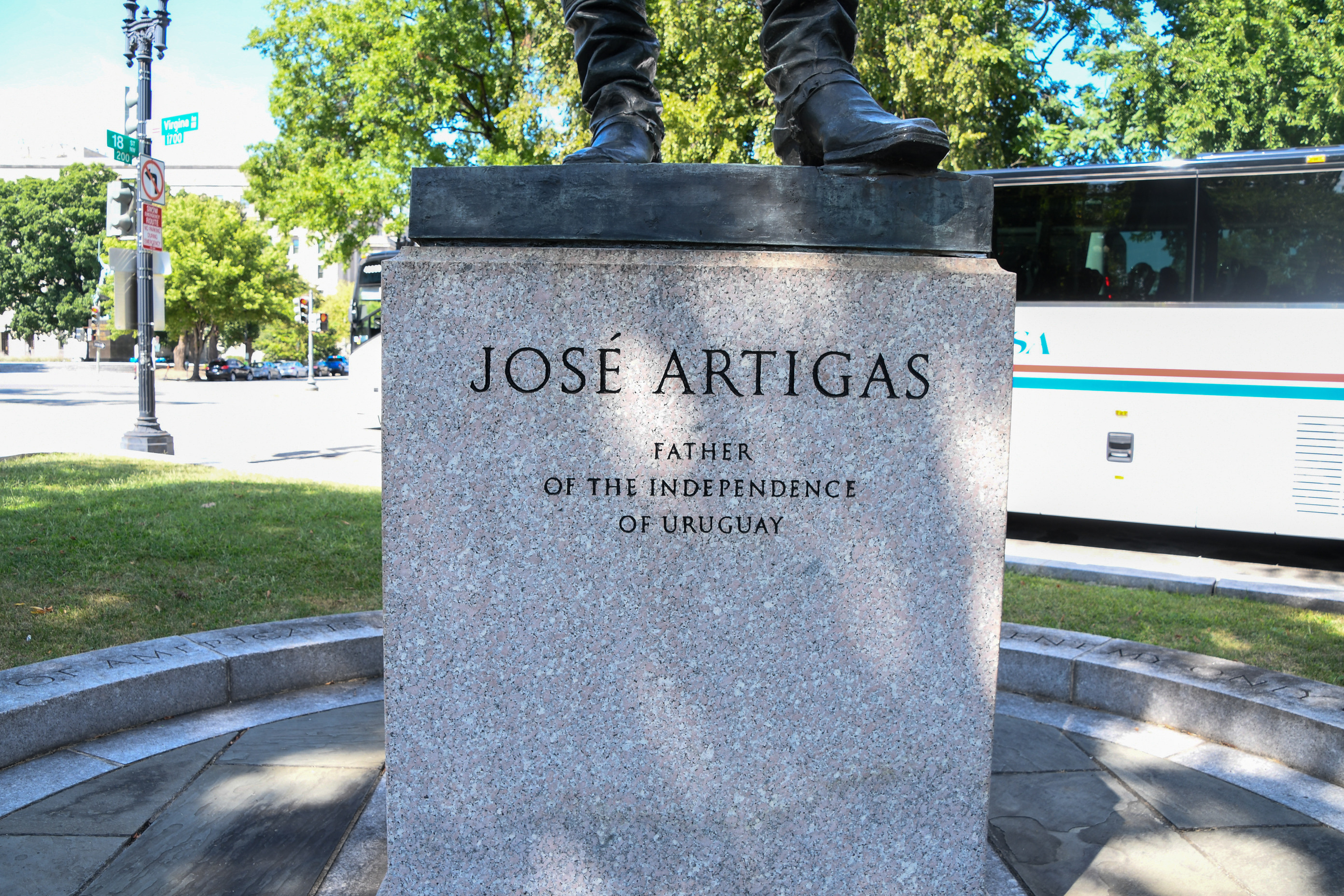 Pedestal of Jose Gervasio Artigas engraving reads: José Artigas, Father of the Independence of Uruguay
