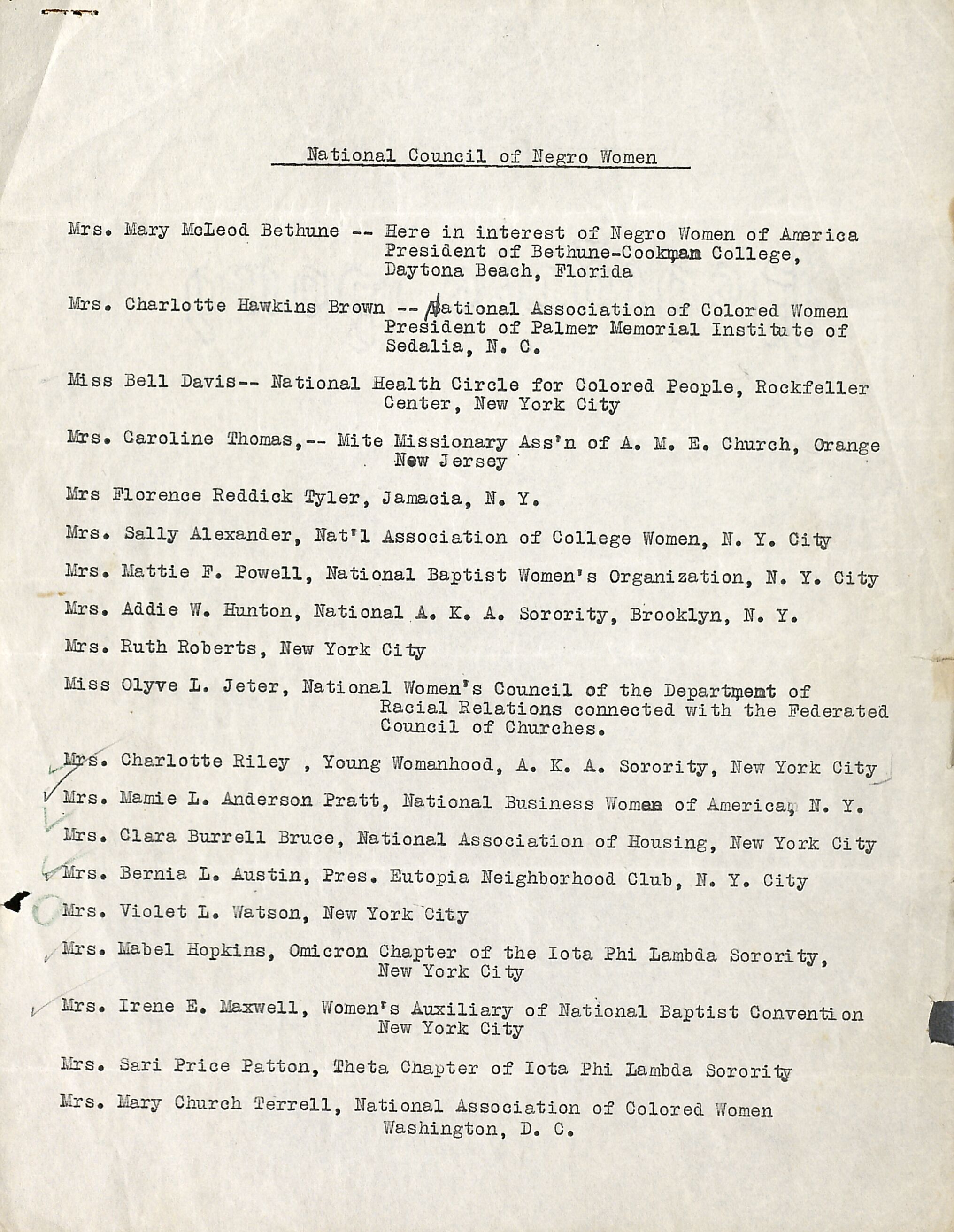 National Council of Negro Women Roster