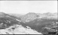  Glaciated Canyons, subalpine forest plant community, looking down Rattlesnake Creek from Franklin Pass. Right panel of a two panel panorama. Left is negative 01417.. SEKI Historic Image
