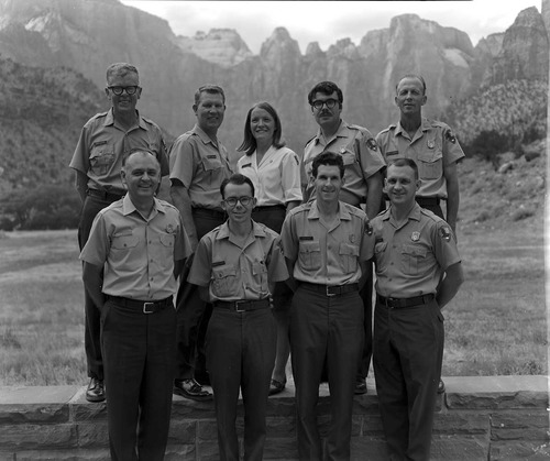 Ranger naturalists, summer 1970, left to right, back: H. Alberding, R. McComb, S. Tidwell, D. Divine, L. Sandberg