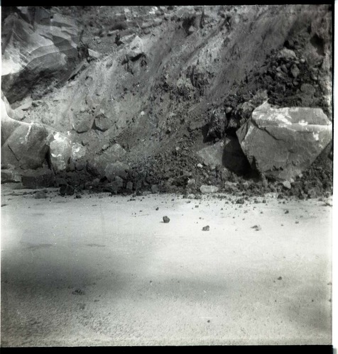 BW photo of rock slide near Echo Rock - 2.5" x 2.5".