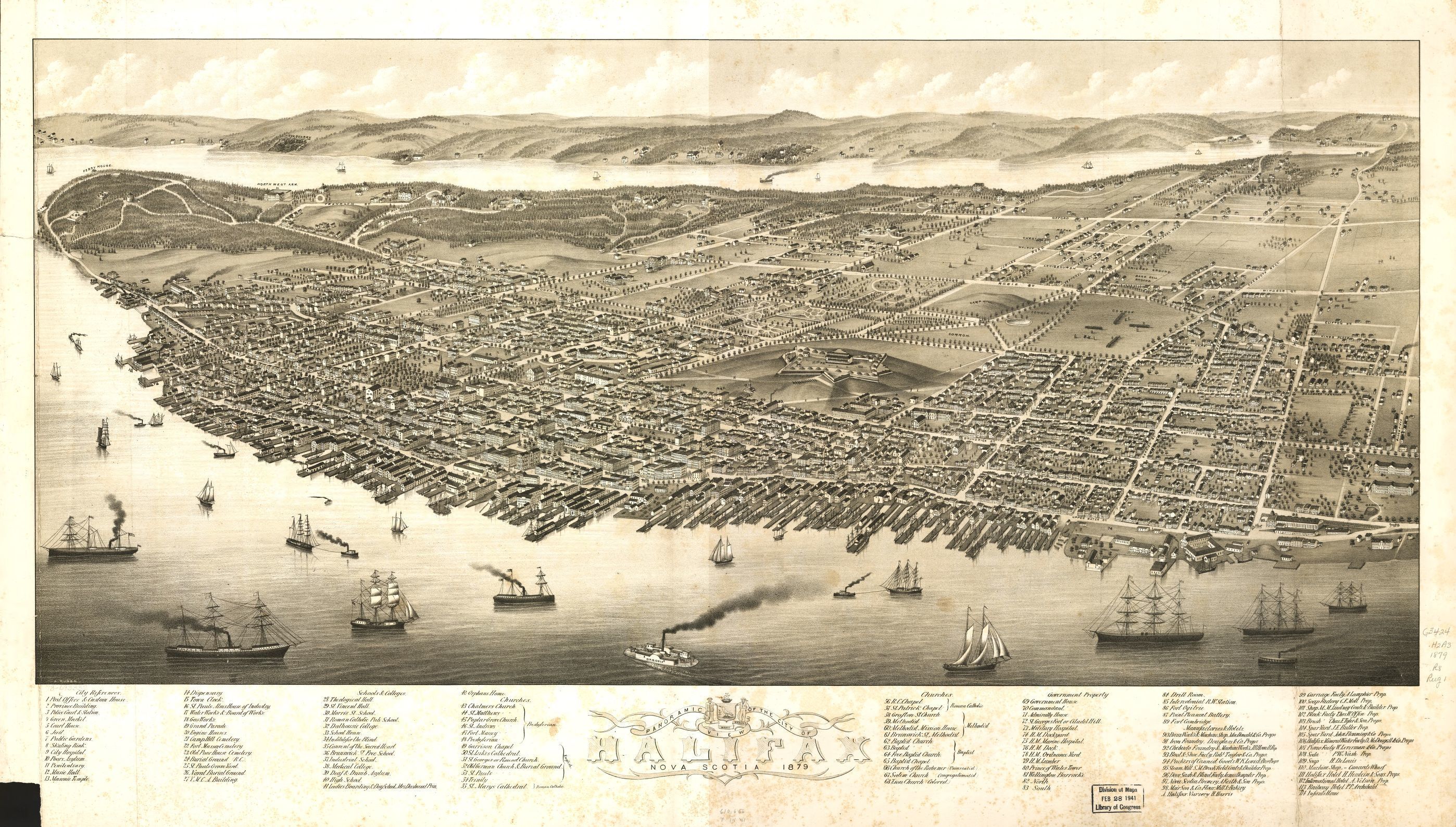 Panoramic view of Halifax, Nova Scotia, with buildings and ships