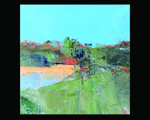 Abstract landscape of green dune vegetation with red brush strokes and a blue sky.