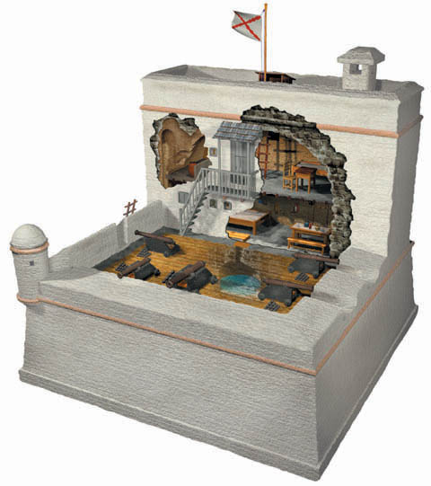 Image recreates a partial cutaway of Fort Matanzas, c1740-1742 depicts the outer features of the fort including several cannon and wooden structures no longer standing