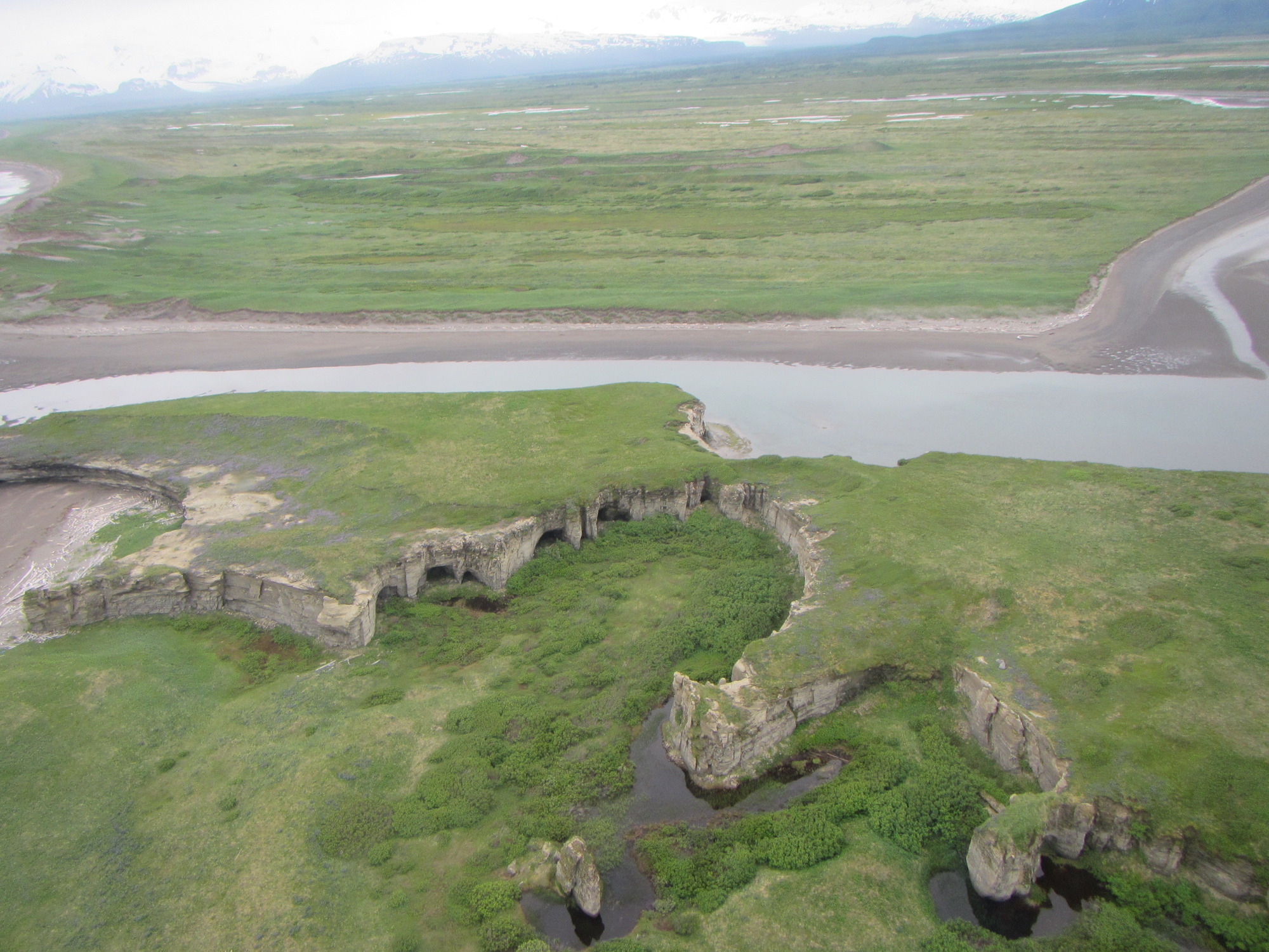 Photograph of marine terraces, sea cliffs, and sea caves raised above the modern high tide level.