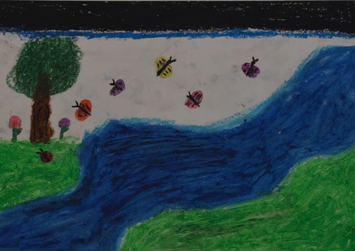 A drawing of the river with a tree, flowers, and butterflies around it.