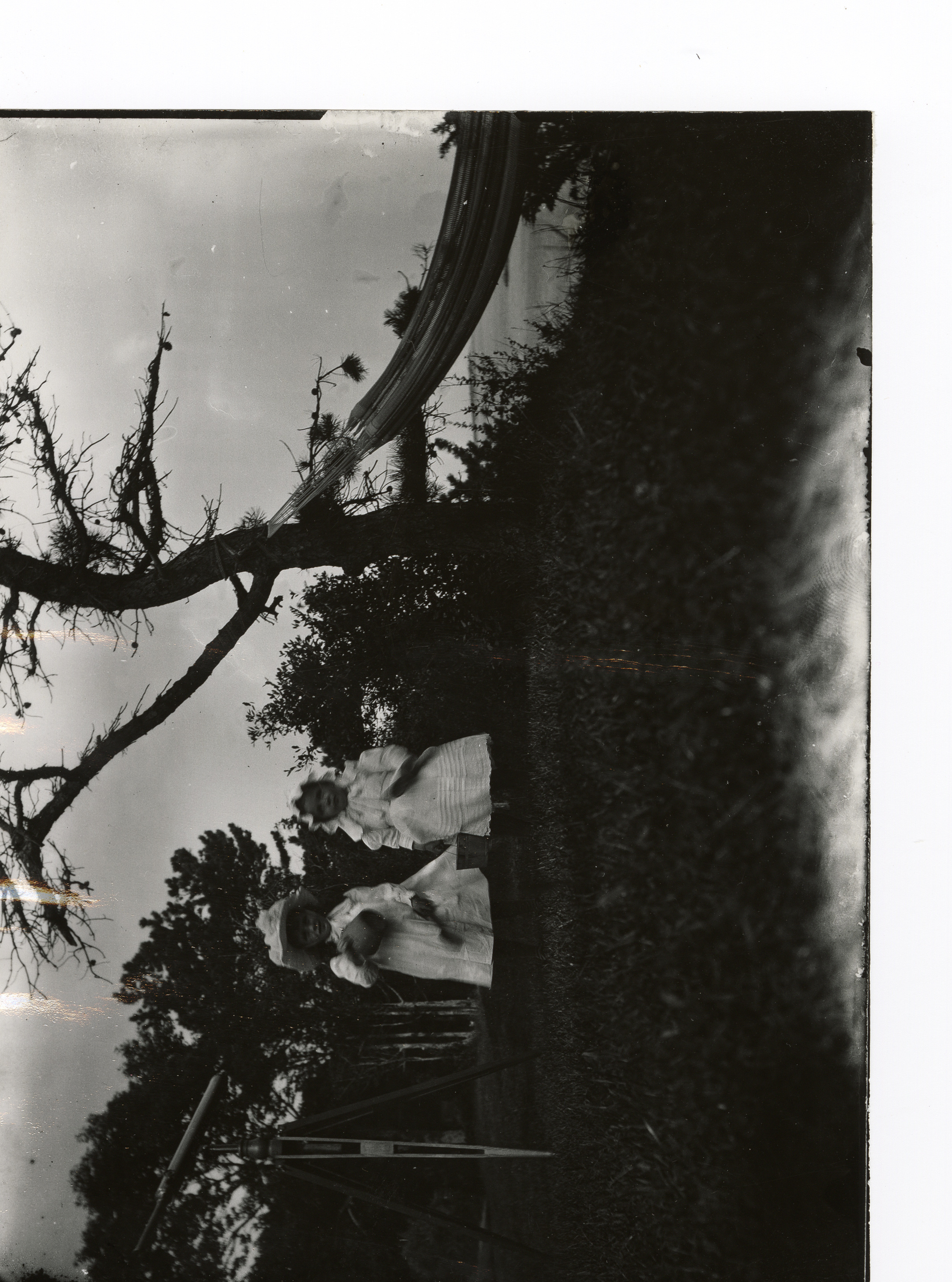 Two young white girls stand holding pails and spoons. Telescope to left, hammock at right. Grass in foreground, trees in background.