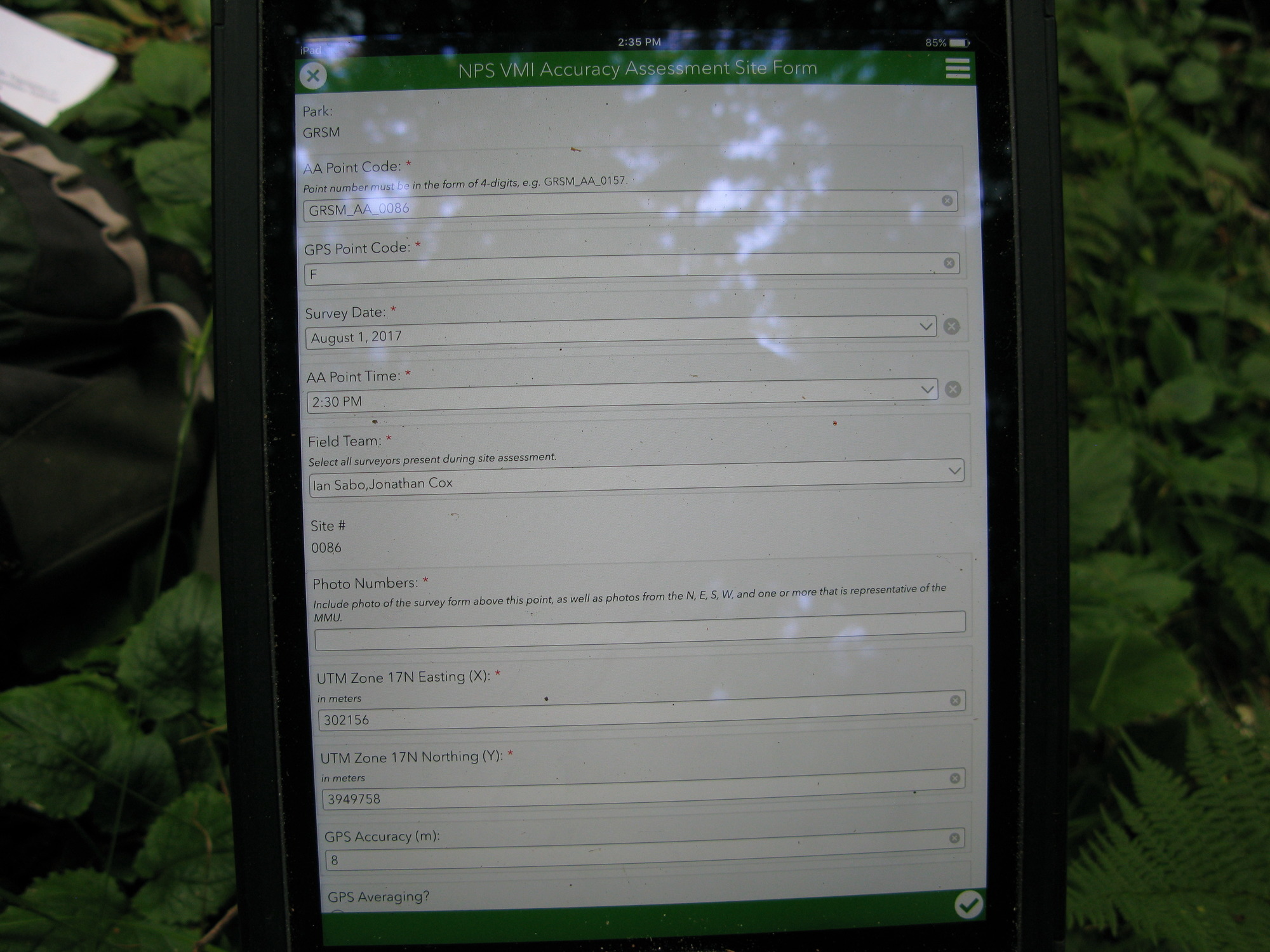 GRSM Accuracy Assessment. Plot Code: GRSM_AA_0086_1