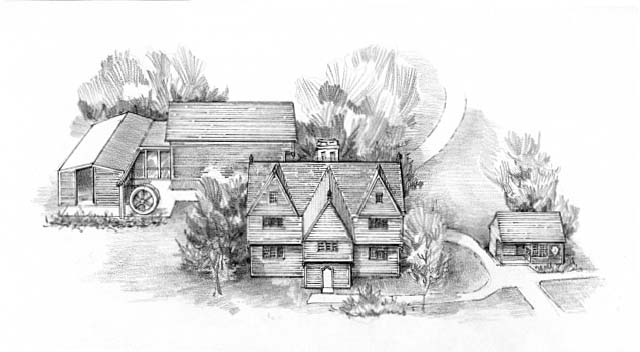 A birds-eye view of Saugus Iron Works in the 17th century. Shown are the ironworks house, the furnace, the forge, the rolling and slitting mill, the slag pile, the blacksmith shop and the iron warehouse.