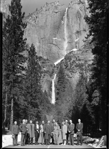 Members of the Senate Committee on Small Business at the base of Yosemite Falls. Supt. Frank Kittredge on the far left & Hil Oehlmann, 2nd from the right.