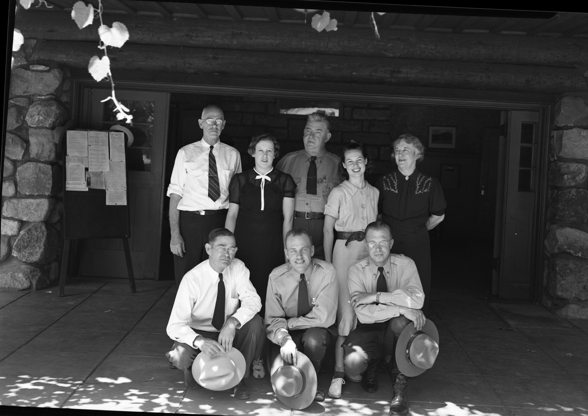 NPS personnel. L to R: Darl Miller, Blacksmith; Margaret (Ped) U'Ren, Tel. Operator; Ernest Reed, Ranger; Dorothy Robinson, Tel. Operator; Mellie Lantz, hostess Ranger Club; Barrows, Power house operator; Kenneth Melvet, ranger; and Harold Hildreth, ranger.