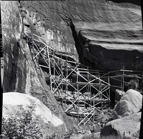 Scaffolding and crew member used for upgrading of water system at Temple of Sinawava.