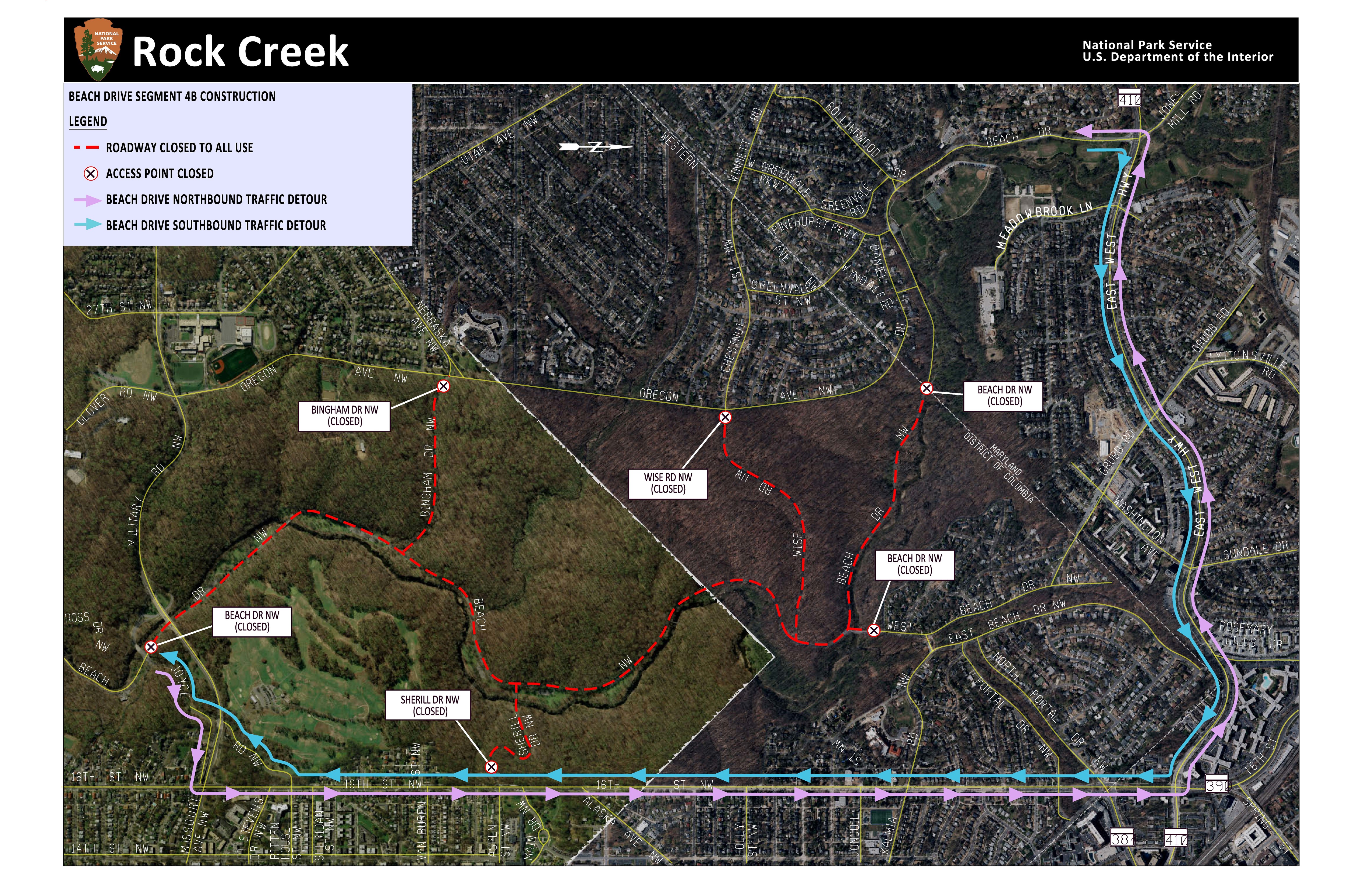 Detour information for drivers around Segment 4 of Beach Drive. Use East-West Highway and 16th Street to bypass construction.