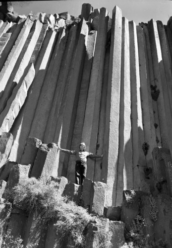 Closeup of posts at Devil Postpile with man.