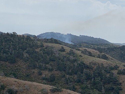 A relatively small plume of smoke rises into cloudy skies from a forested ridge in the distance. Sparsely wooded ridges are in the foreground.