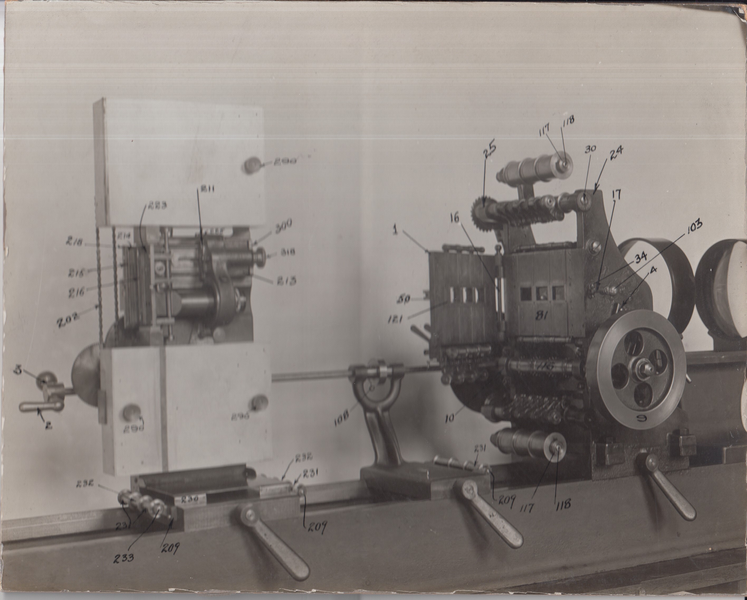 Edison home projecting kinetoscope, film printing machine (printer), parts labeled for assembly.