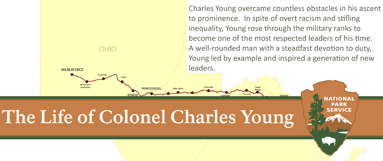 Map of Charles Young's protest ride across Ohio and West Virginia, with a text banner, introductory text and National Park Service arrowhead in front of it.