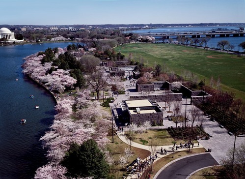 An aerial photograph of the FDR Memorial