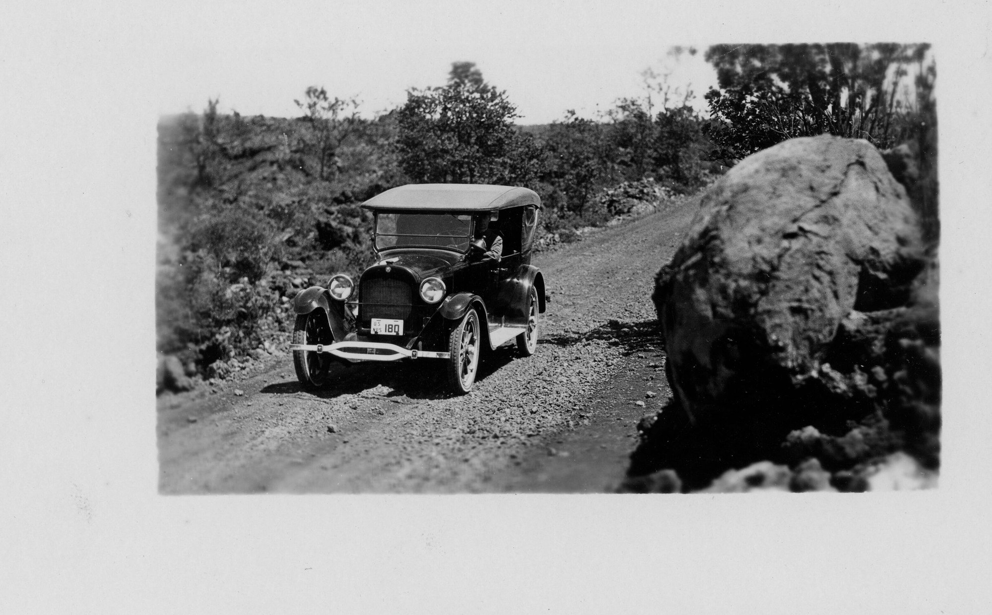 Black and white photograph of a Ford Model T driving towards the left of the camera along a gravel road. The road runs in between dense, dry vegetation. A large boulder sits to the right of the image above the road. A man is seen in the driver’s seat of the car and the license plate reads, “US NPS 180.”