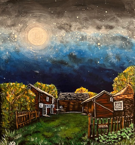 A painting of a moon at night above a brown barn.
