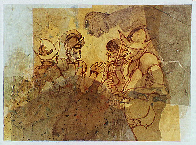 Spanish soldiers talking to an Indian prisoner.