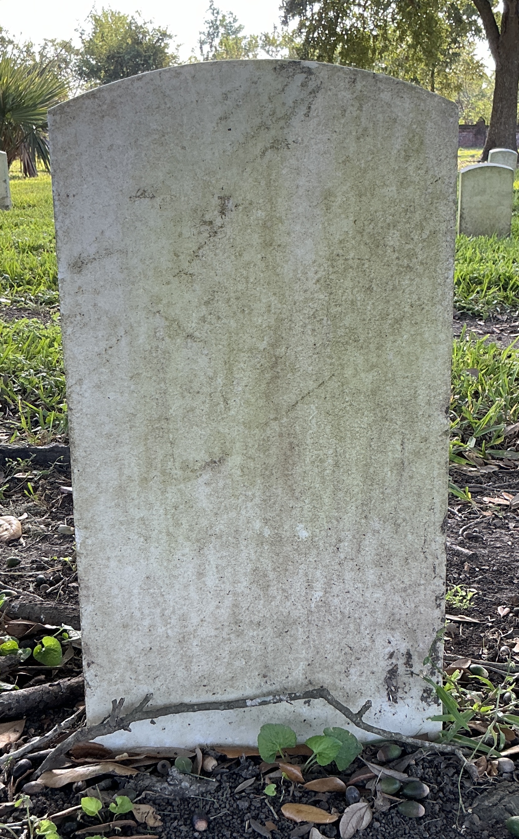 Back of historic upright marble headstone with recessed shield face.