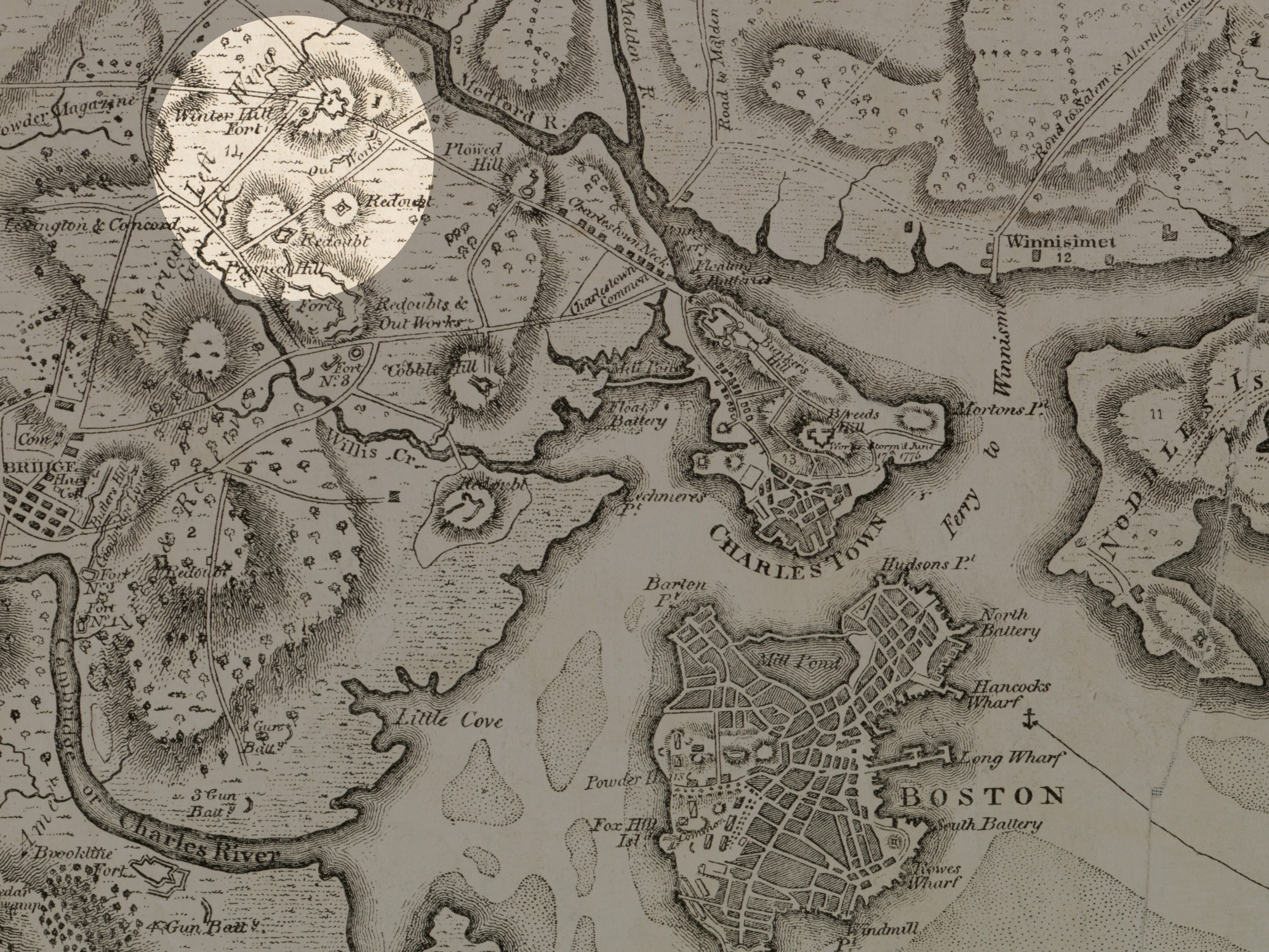 Black and white map of Boston and Charleston, with circle highlighted area around Winter Hill Fort.