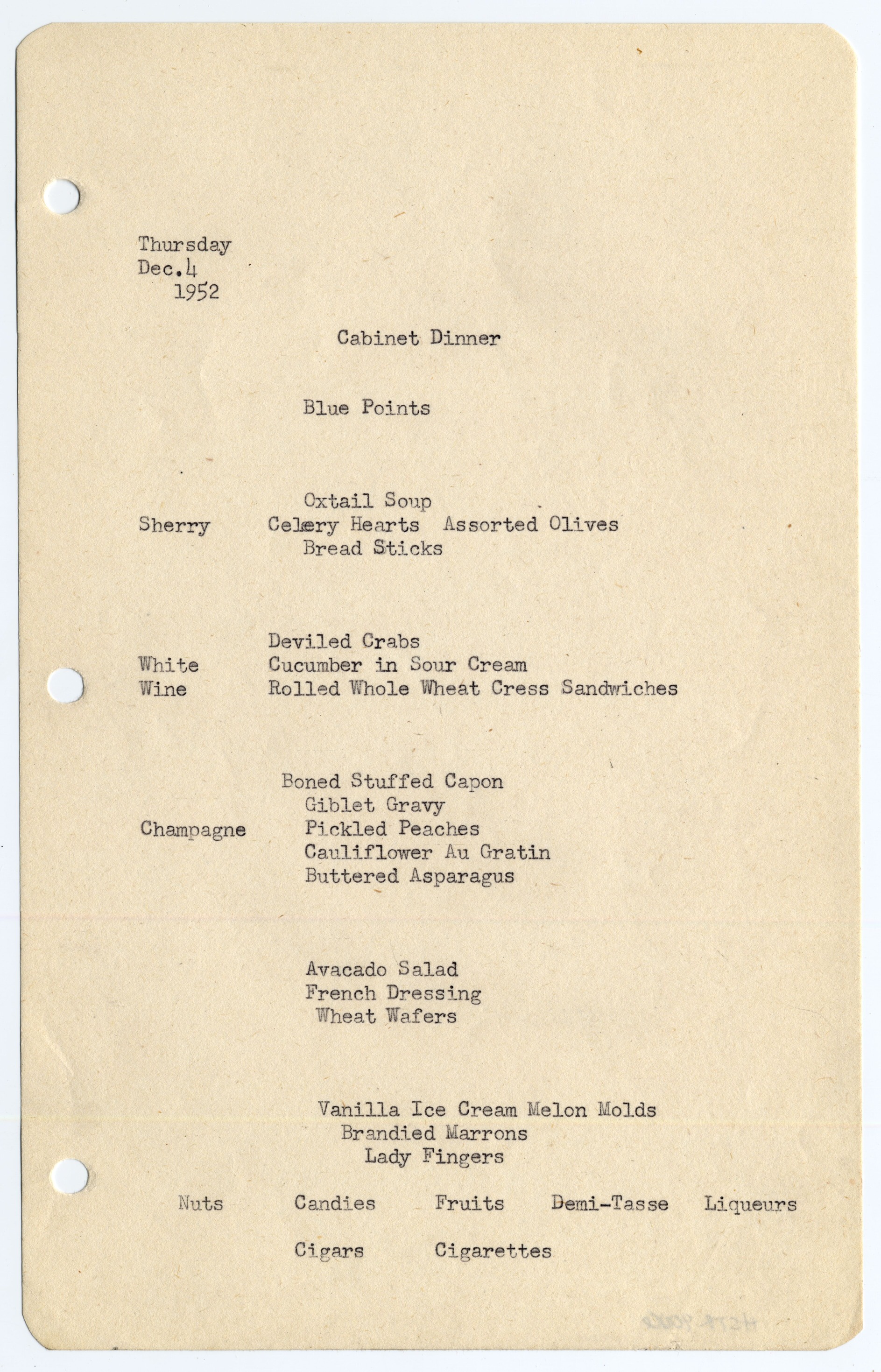Menus typed on white paper with three hole punches on the left side.