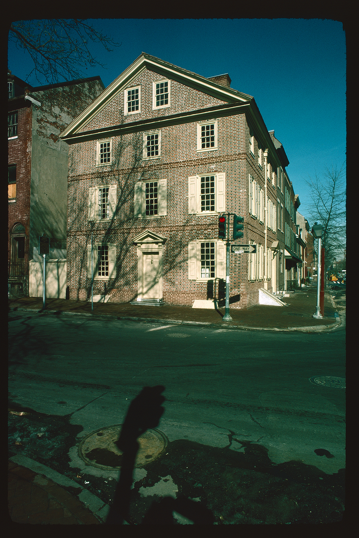 Kosciuszko House. Exterior. Looking north from southwest corner of 3rd & Pine Streets. Streetlight red.
